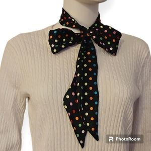 CEJON Black Rainbow Polka Dot Skinny Satin Coquette Bow Tie Sash Purse Scarf